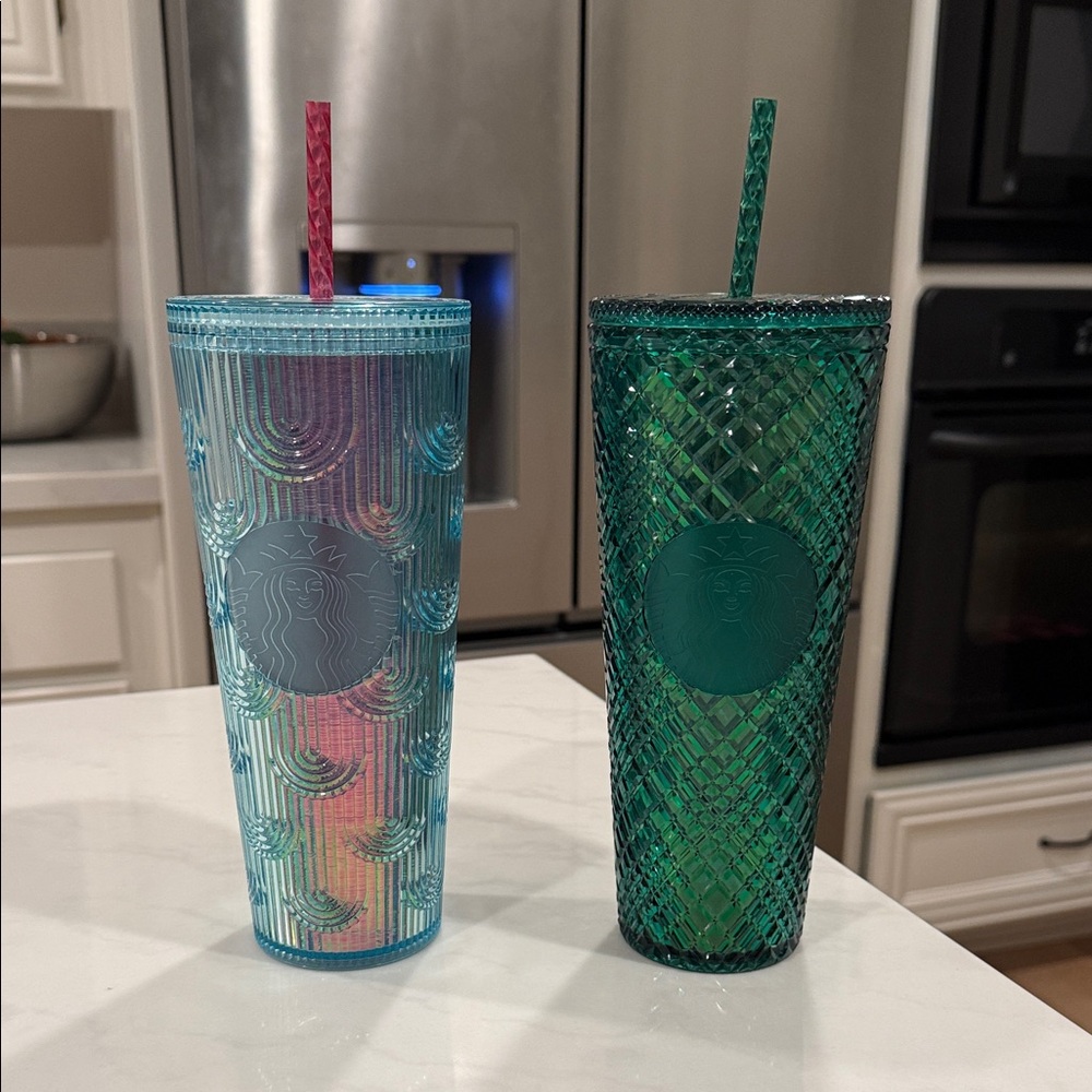 Starbucks Iridescent Blue and Textured Green Tumblers